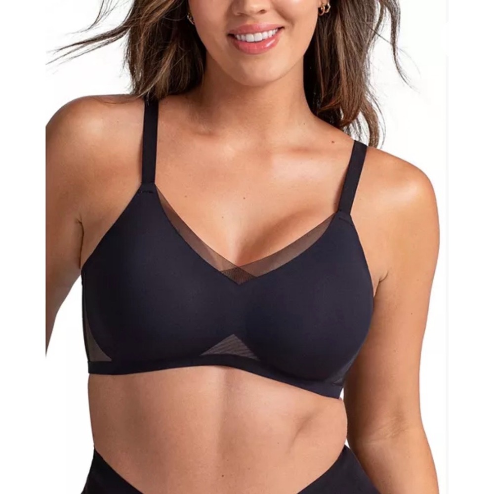Honeylove V-Neck Bra Shadow Black Mesh Wireless Support  XL lightweight